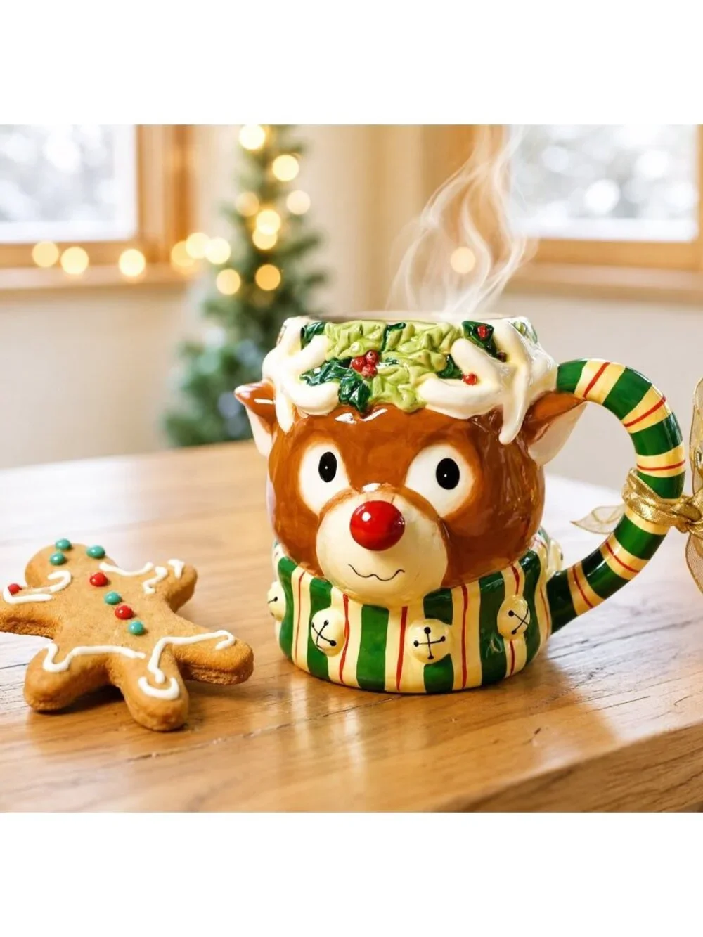 Hand-Painted Ceramic Reindeer Festive Holiday Mug By Susan Winget 14oz Christmas
